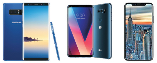 왼쪽부터 삼성전자 갤럭시 노트8, LG전자 V30, 애플 아이폰8 콘셉트 이미지.